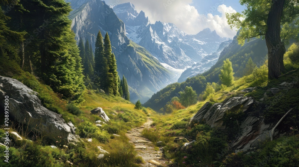 Poster a painting of a mountain scene with a path in the foreground and trees on the far side of the mounta