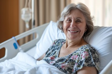 Portrait of beautiful mature adult happy woman sitting in the hospital bed photo