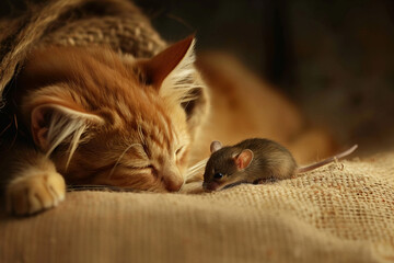 
Cat and mouse are cute friends - obrazy, fototapety, plakaty
