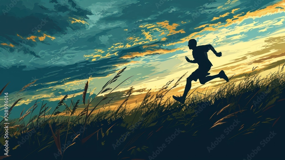 Poster a painting of a man running in a field of grass with the sun setting behind him and a blue sky with 