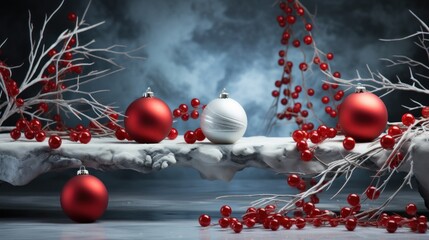 Fir branches and red ornaments are agganged.UHD wallpaper