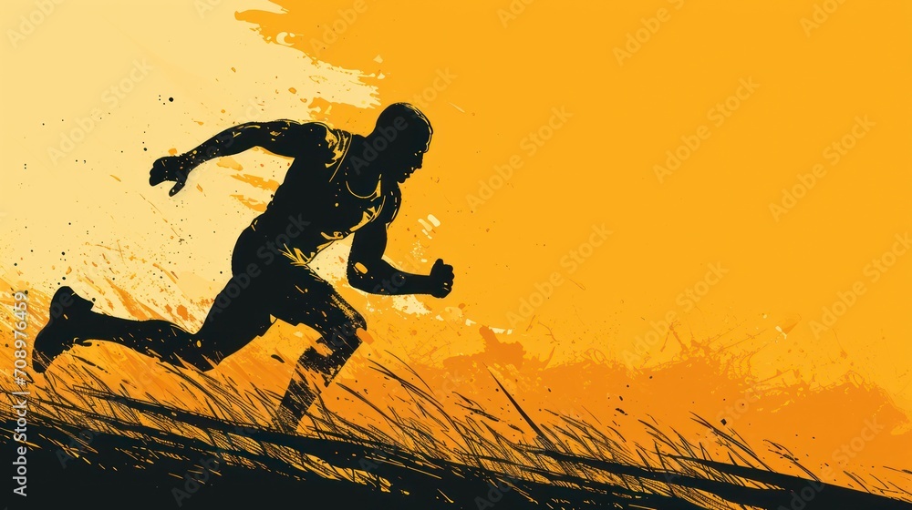 Poster a silhouette of a man running across a grass covered field in front of an orange and yellow sky with