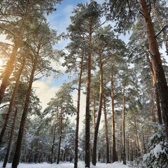 Fototapeta premium Pines tree, sun rising in pines forest, an esthetic nature background 