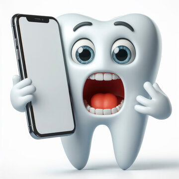Shocked 3d tooth character holding smartphone with white mockup screen on solid white background. ai generative