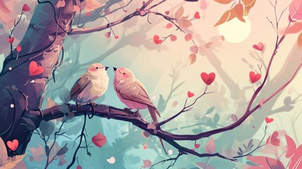  a couple of birds sitting on top of a tree next to a tree filled with red heart shaped leaves and a tree filled with lots of red and pink hearts.