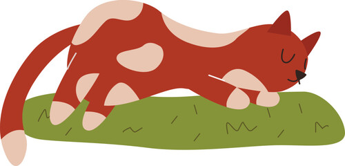 Ginger cat stretching on green grass, happy and relaxed. Cute feline enjoying time outdoors, playful mood, cozy scene.