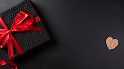 Black gift box with red ribbon on black background.