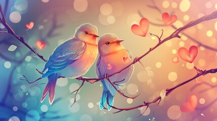 a couple of birds sitting on top of a tree branch next to a heart shaped tree filled with red and pink hearts on a blue and pink boke background.