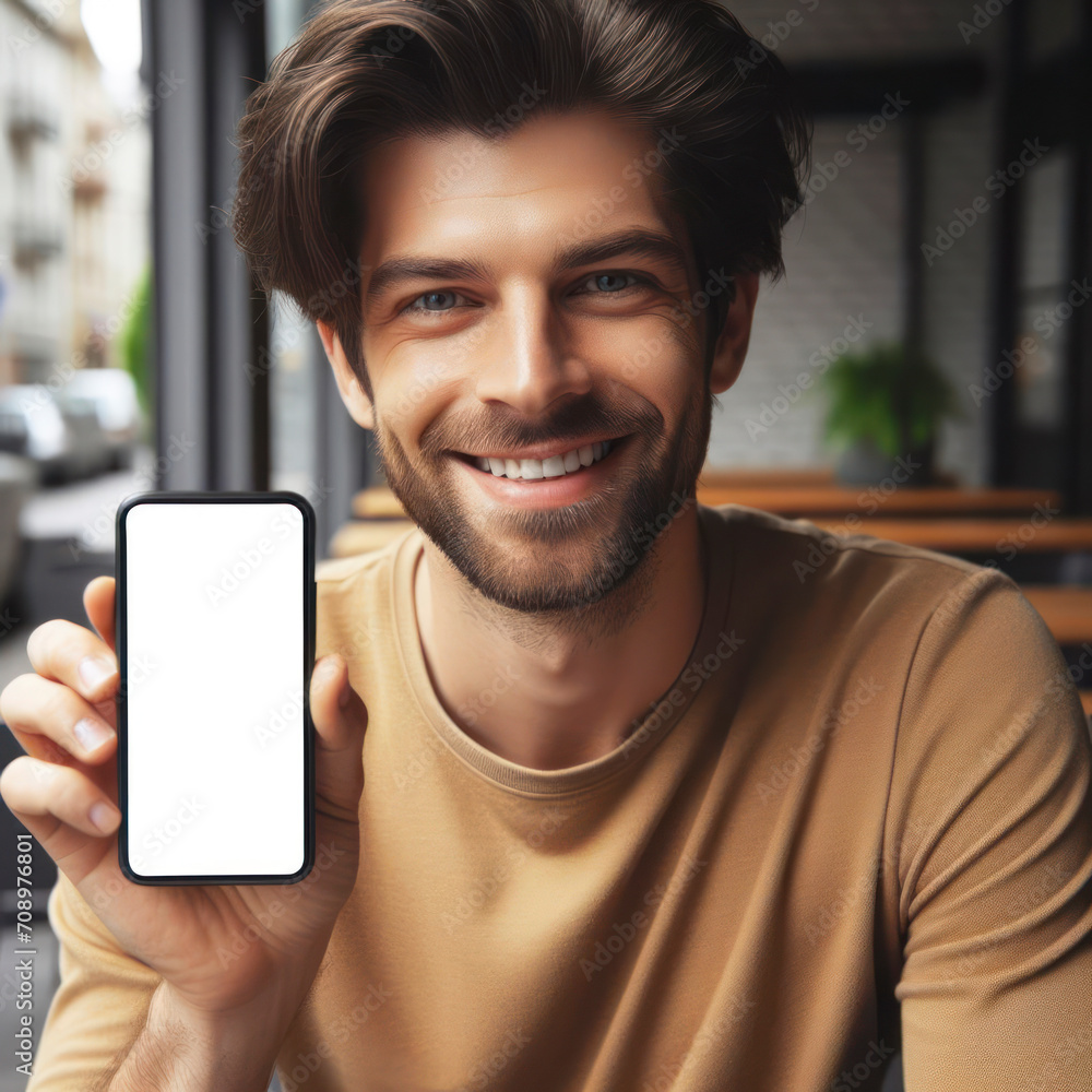 Poster satisfied smiling man showing mobile phone blank white screen mockup to camera. ai generative