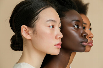 Sincere portrait of women of different races . Asian, Afro American, European 