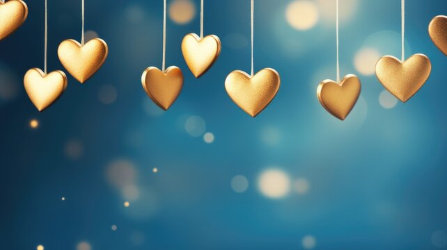 Glittery heart-shaped decorations for Valentine's Day on a festive bokeh background. Background for Valentine's Day, Christmas