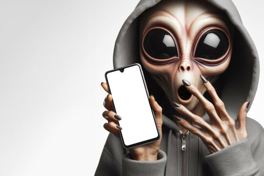 Shocked real Mysterious alien holding smartphone with white mockup screen on solid white background. ai generative