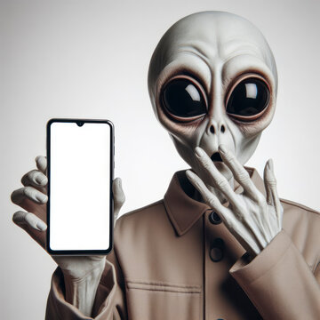 Shocked real Mysterious alien holding smartphone with white mockup screen on solid white background. ai generative