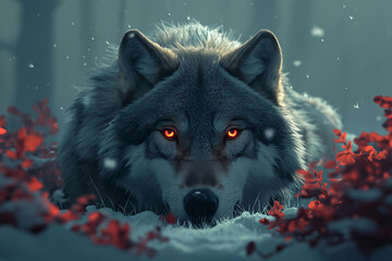Wolf's Fiery Eyes Piercing the Depths of the Enchanted Woods