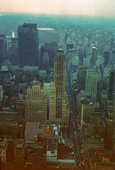 The skyline of New York City as seen from a helicopter in the state of New York in the United States of America in 1964