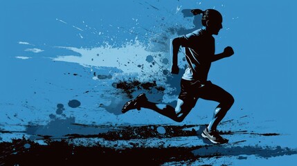  a silhouette of a man running on a blue and black grungy background with a splash of paint in the middle of the image and a splash of the running man. - obrazy, fototapety, plakaty