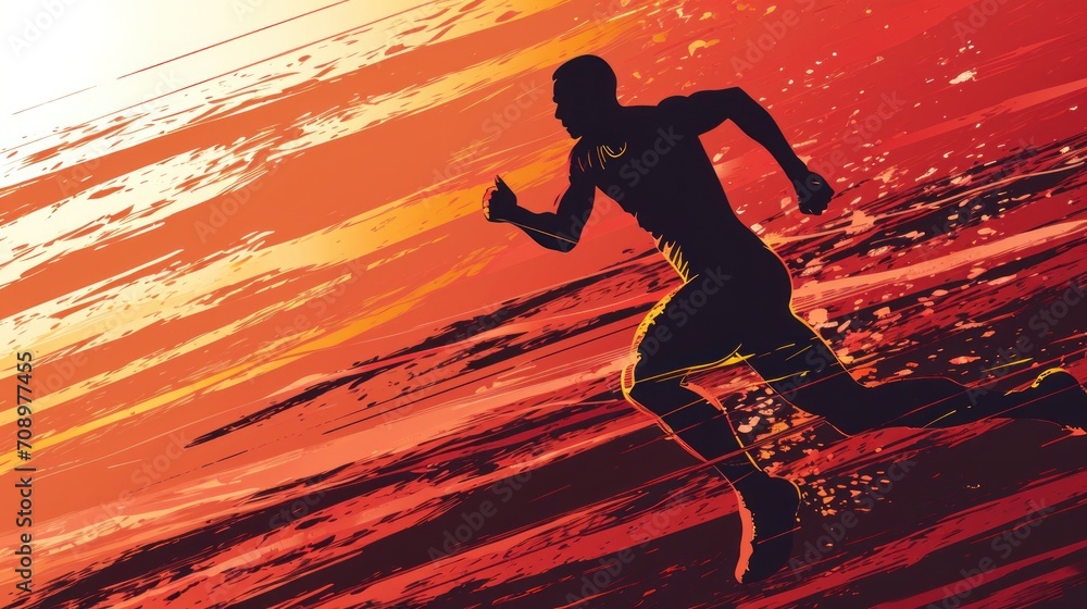 Poster a silhouette of a man running on a beach with the sun setting in the background and the water splash