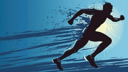  a silhouette of a man running on a blue background with sunbursts in the background and a splash of paint on the side of the running man is in the foreground. - obrazy, fototapety, plakaty