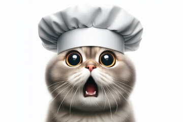 Surprised cat with bulging big eyes wear chef hat isolated solid white background. ai generative