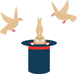 Cute brown rabbit in magician s hat with flying doves. Magic performance, animal popping out of a magic hat, trick illusion vector illustration.