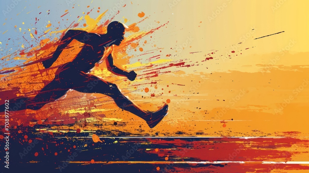 Poster a digital painting of a man running on the beach with a splash of paint on the background of the ima
