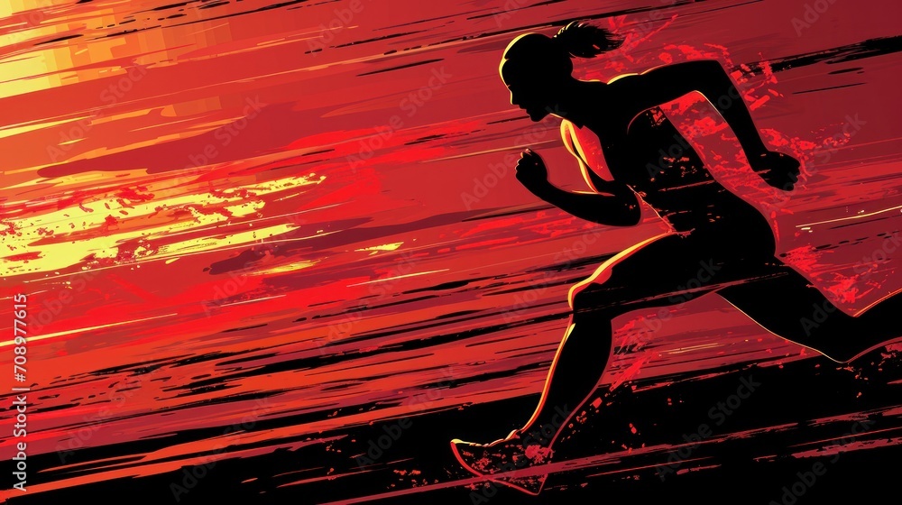 Poster a silhouette of a person running on a beach with a red and yellow sky in the background and a red an