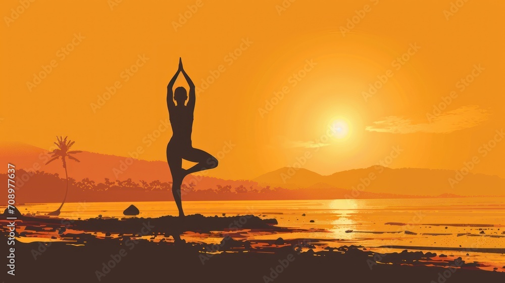 Poster a silhouette of a person doing a yoga pose in front of the ocean with the sun setting in the backgro