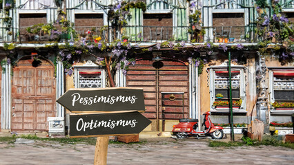 Fototapeta na wymiar Signposts the direct way to optimism versus pessimism