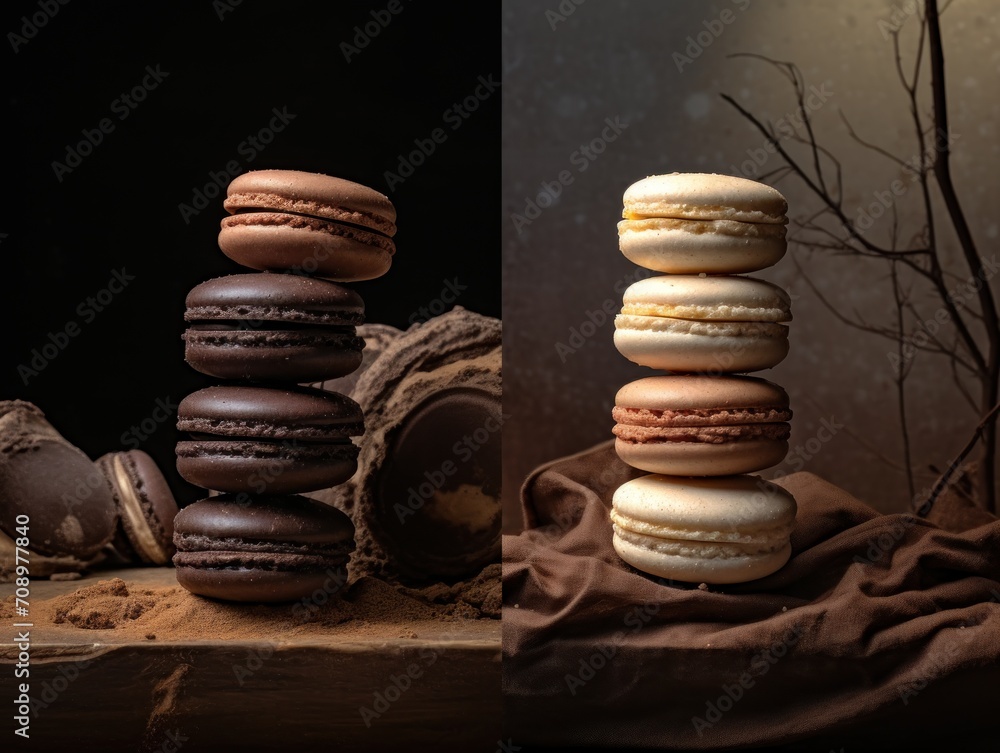 Poster a stack of macaroons sitting on top of a wooden table next to a pile of chocolate macaroons on top o
