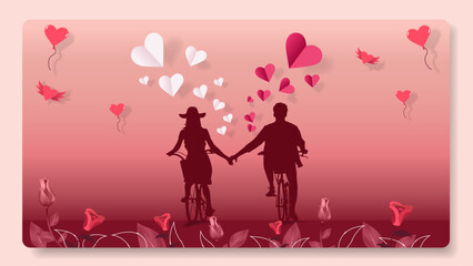 Couple in love is riding a bicycle together on a pink background. Illustration of Love and paper cut style