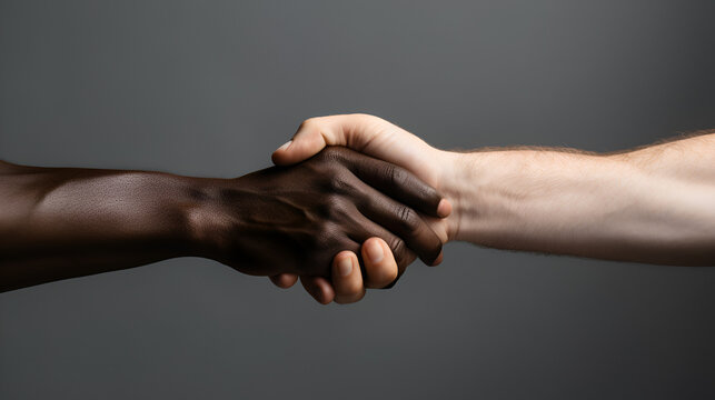 Touch of God. Racial tolerance. Respect social unity. African and caucasian hands gesturing on gray studio background. Human rights, friendship, intenational unity concept, generative ai