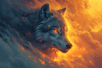 Wolf's Traverse Amidst Celestial Clouds and Fiery Embers - obrazy, fototapety, plakaty