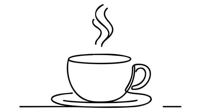 Drawing a continuous line. Cup of coffee with steam on white background