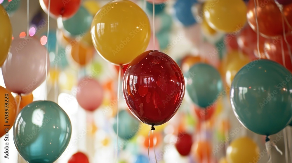 Poster a bunch of balloons hanging from strings in a room with many colors of balloons hanging from the cei
