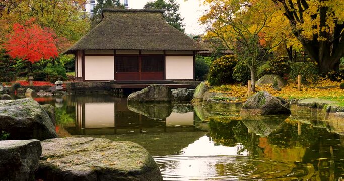 Japan garden house with a pond in front in "Planten und Bloomen" at Hamburg germany