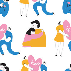 Seamlles pattern.Vector illustration. Happy valentine's day. Boy and girl cartoon character. All elements isolated