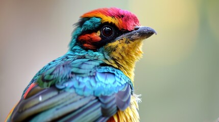 Fototapeta premium a close up of a colorful bird on a branch with a blurry backround in the background and a blurry backround in the foreground.