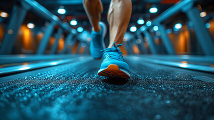 An artistic capture of a toned athlete running on a treadmill, with motion blur highlighting the speed and intensity of the workout, set against a backdrop of a sleek and stylish f