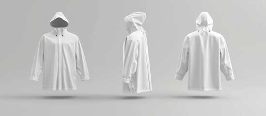  rendering of a white raincoat mockup, front and back view, isolated. Clear waterproof oversized jacket for rainy protection. - obrazy, fototapety, plakaty