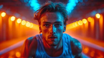 Obraz premium An athlete engaged in a challenging uphill sprint on a treadmill, with cinematic lighting enhancing the dramatic intensity of the workout, creating a powerful and visually compelli