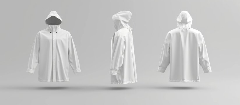 Fototapeta  rendering of a white raincoat mockup, front and back view, isolated. Clear waterproof oversized jacket for rainy protection.