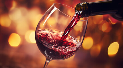 A close-up of red wine being poured into a clear glass, set against a golden bokeh background, highlighting the richness of the wine.
