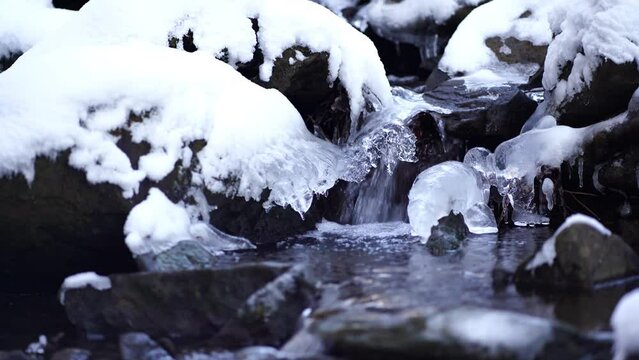 Crystal clear water flowing down a ice and snow covered stream in Laterns, Austria