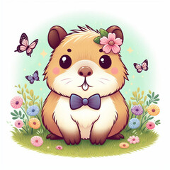 Cute capybara animal character is sitting in the grass with butterflies and flowers. Ai generative