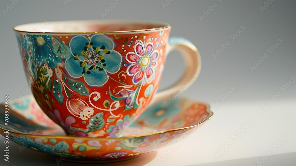 Poster a close up of a cup and saucer with a flower design on the inside of the cup and saucer with a flowe