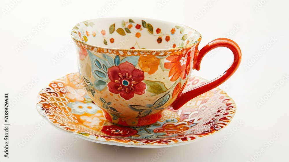 Poster  a cup and saucer on a saucer with a flower design on the bottom of the cup and a saucer with a flower design on the bottom of the cup and saucer.