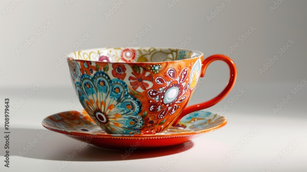 Poster a colorful cup and saucer sitting on top of a saucer with a saucer in the shape of a flower on the s