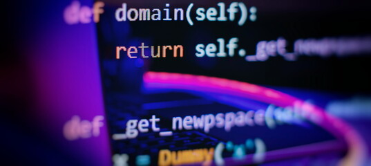 Programming code screen of software developer. Software Programming Work Time. Code text written and created