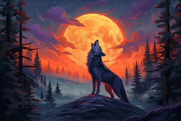 Wolf's Howl in the Glow of Celestial Radiance - obrazy, fototapety, plakaty