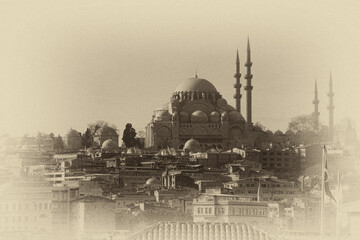 old sepia card style of Suleymaniye Mosque Ottoman imperial in Istanbul, Turkey. It is the largest...